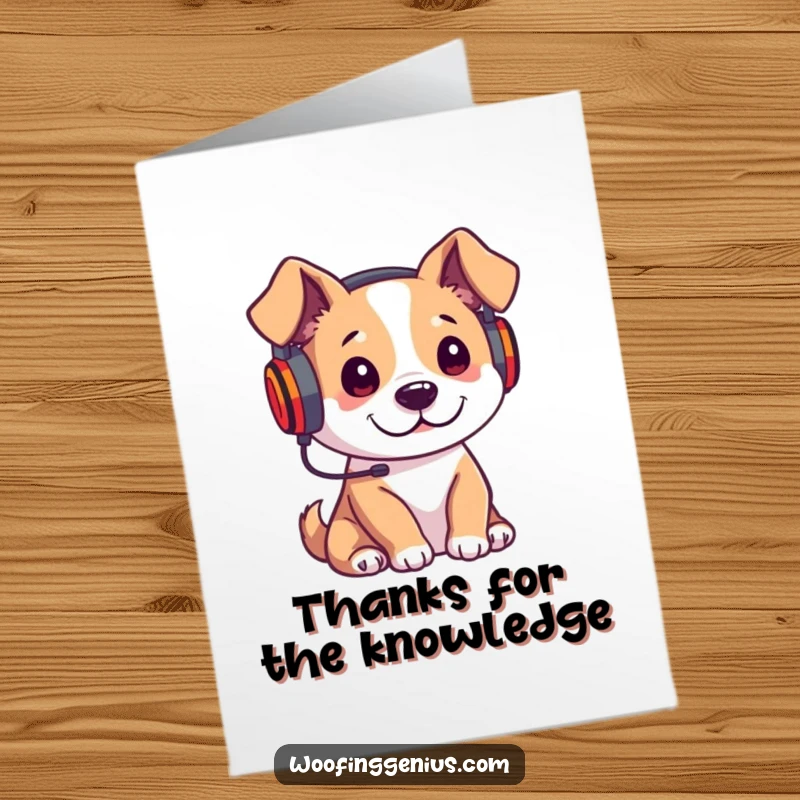 Funny Free Printable Thank You Card: Dog wears headphones, intently listening to a lecture, expressing thanks with downloadable art.