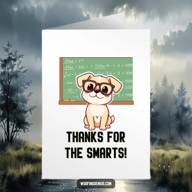 Funny Free Printable Thank You Card: A dog with glasses ponders math equations, offering thanks.
