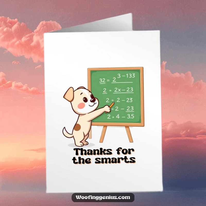 Funny free printable thank you card featuring a dog pointing at a blackboard with equations, illustrating thoughtful gratitude.