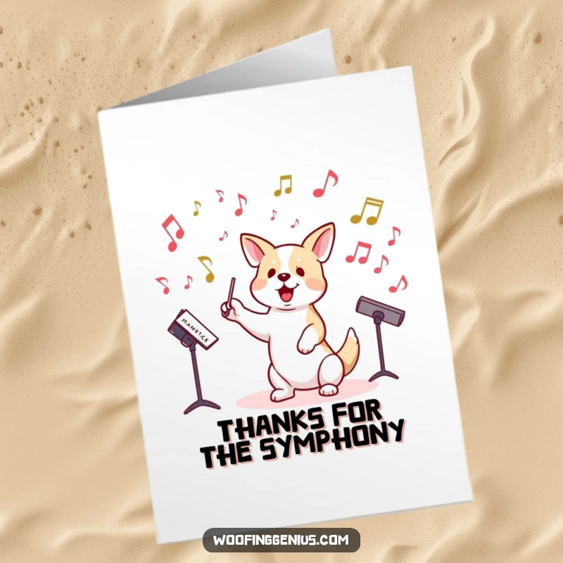 Funny Free Printable Conductor Dog Thank You Card: A dog leading an orchestra of notes, conducting heartfelt thanks.