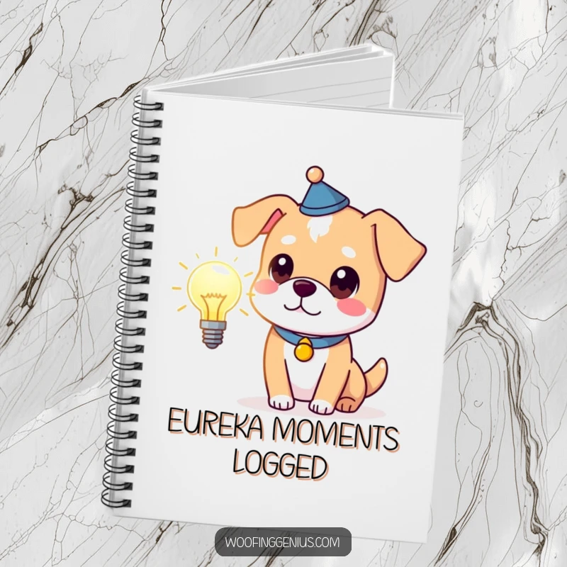 Funny clever dog wearing a thinking cap holding a glowing lightbulb, lined notebook for journaling with a bright, humorous theme.