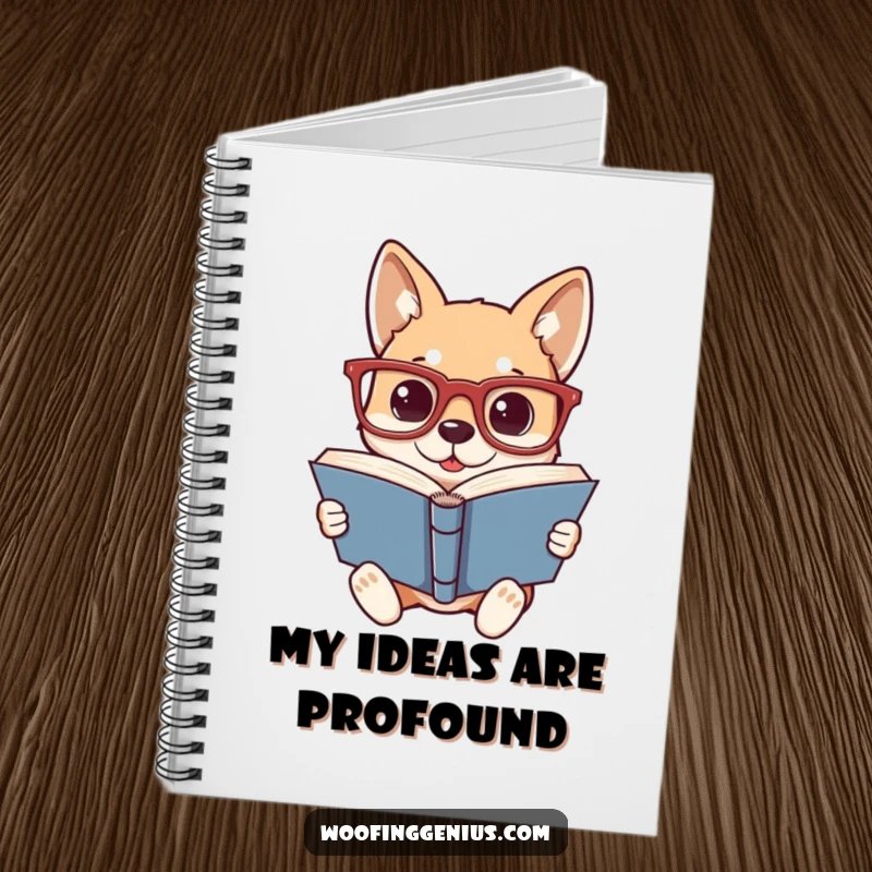 Funny notebook with a dog wearing oversized glasses, engrossed in reading a thick book, inspiring creative writing and note-taking.