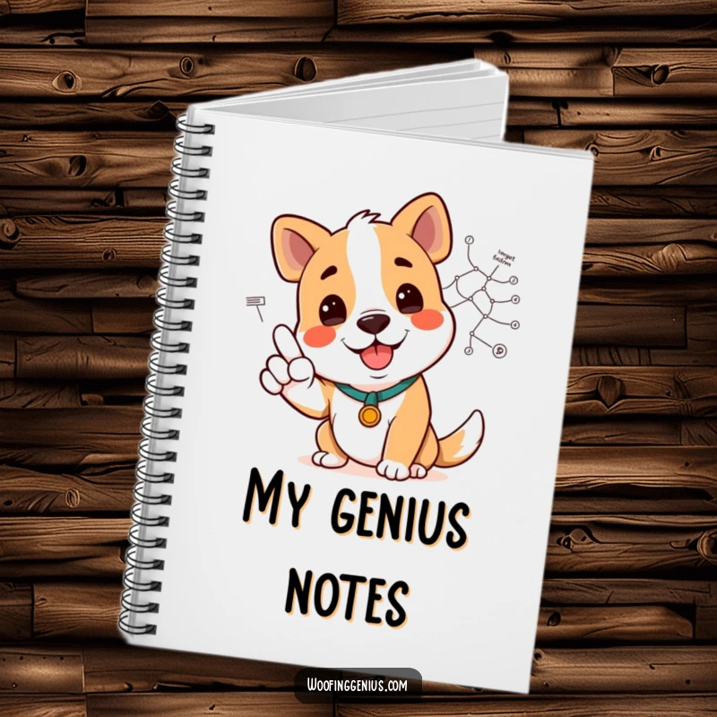 Funny dog on a notebook cover, smiling and pointing to a complex diagram, encouraging clear note-taking.