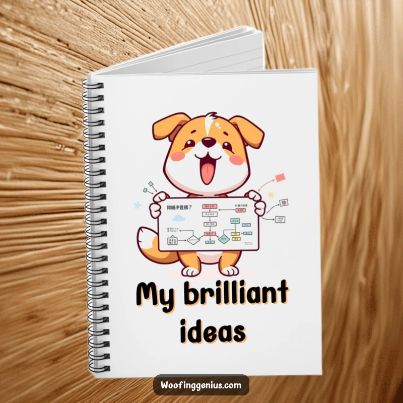 Funny dog character excitedly presenting a flowchart on a notebook cover, inspiring organized and clever note-taking.
