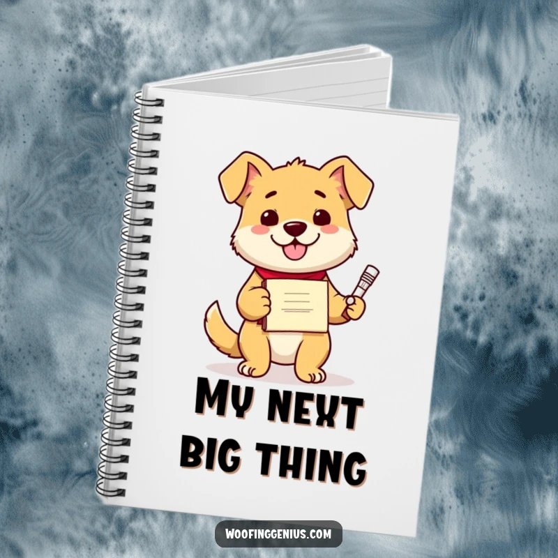 Funny dog holding a diploma and a pen, ready to jot down brilliant invention ideas in a notebook.