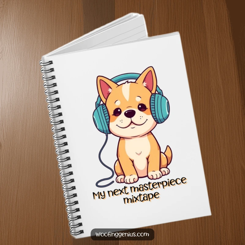 Funny dog wearing headphones, listening to music, on the cover of a notebook for writing.