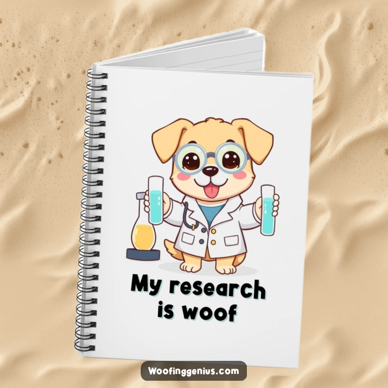 Funny notebook featuring a dog in a lab coat holding test tubes, ready for notes.