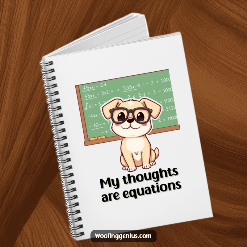 Funny genius dog wearing oversized glasses, looking at a chalkboard filled with complex mathematical equations and formulas.