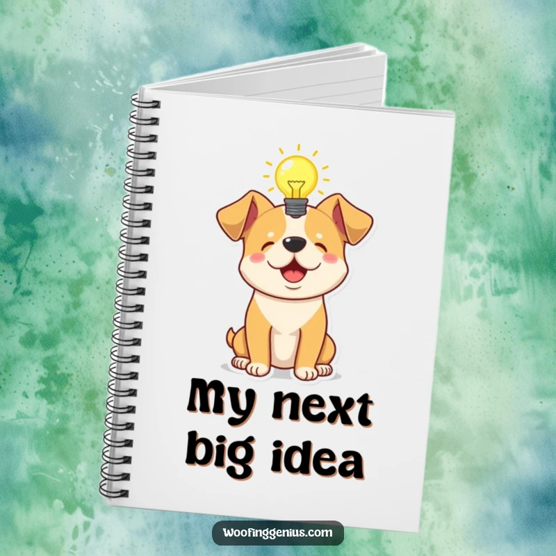Funny notebook cover with a dog having a glowing lightbulb above its head, designed for capturing brilliant ideas and inspiration.