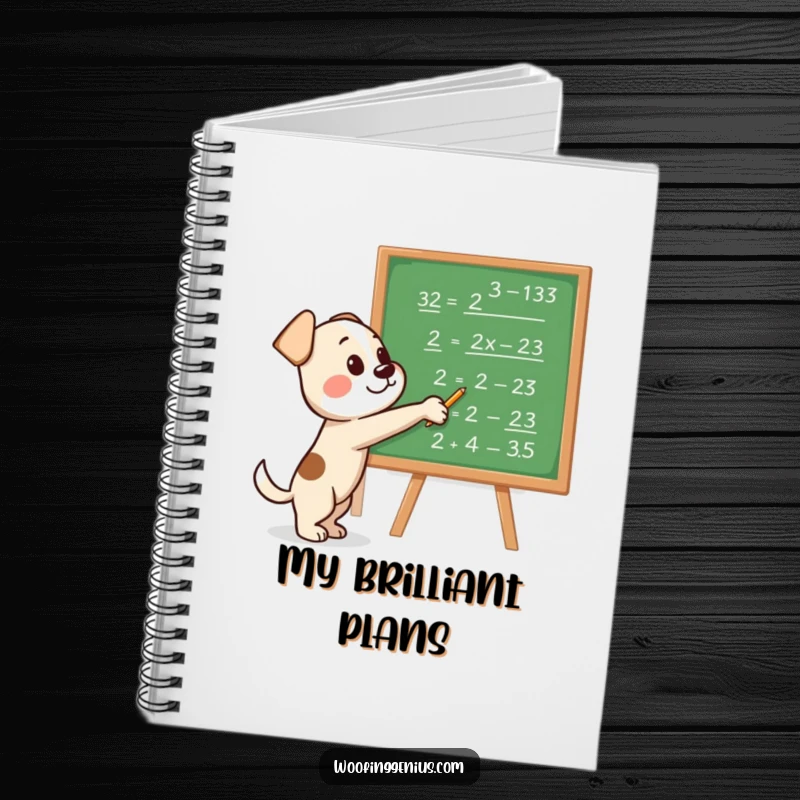 Funny notebook cover featuring a dog pointing at a blackboard covered in equations, inspiring intelligent note-taking.