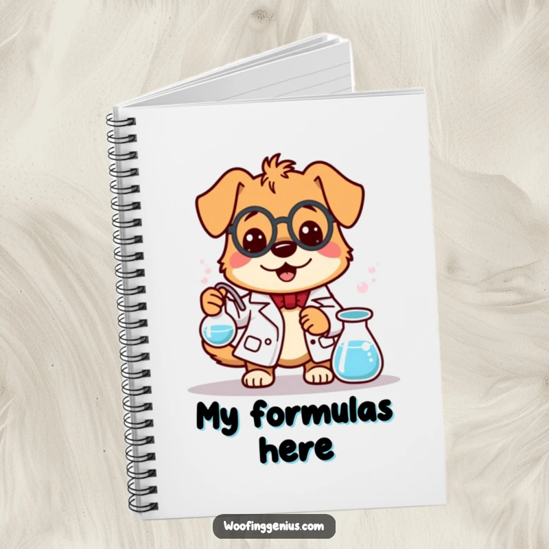 Funny dog scientist on a notebook cover, stirring a bubbling beaker, inspiring organized and creative note-taking.
