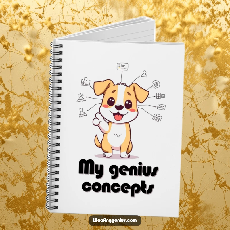 Funny genius dog notebook: an excited dog points to a complex diagram, perfect for jotting down brilliant ideas and theories.