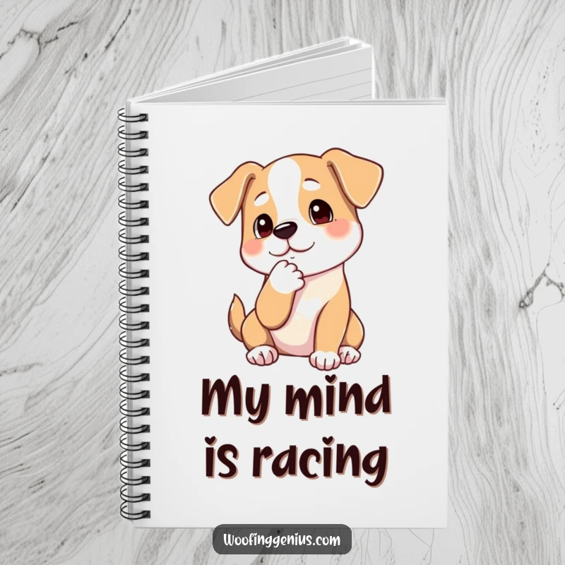 Funny notebook cover with a dog thoughtfully stroking its chin with a paw, designed for recording deep thoughts and reflections.