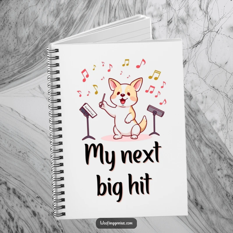 Funny notebook featuring a dog conducting musical notes, ready for inspiration.
