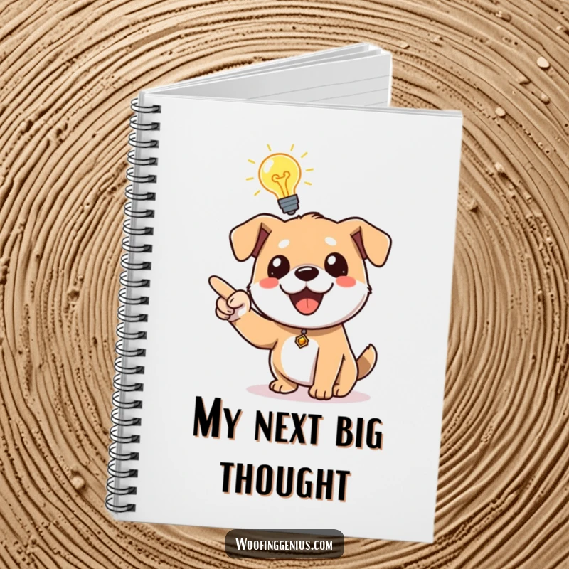 Funny dog with a lit lightbulb above its head, enthusiastically pointing, perfect for jotting down brilliant thoughts.