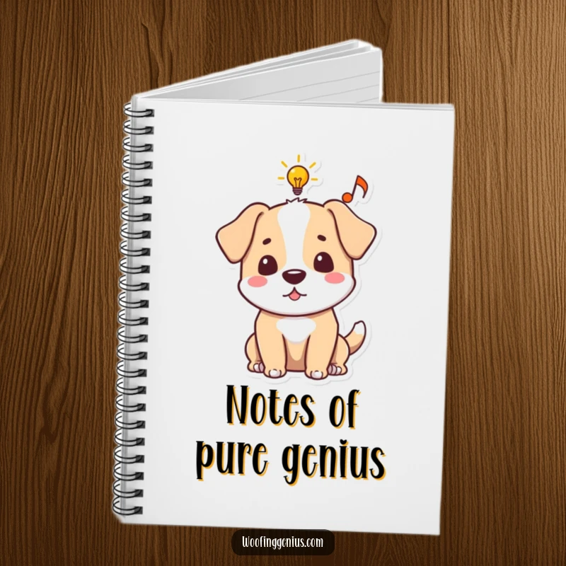 Funny dog notebook featuring an idea bubble with a lightbulb and musical note, encouraging creative expression.