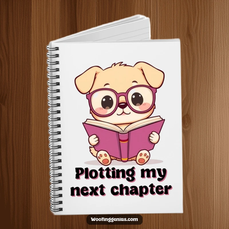 Funny Kawaii dog wearing glasses reading a book, a lined notebook for jotting ideas, featuring a humorous and intellectual canine design.