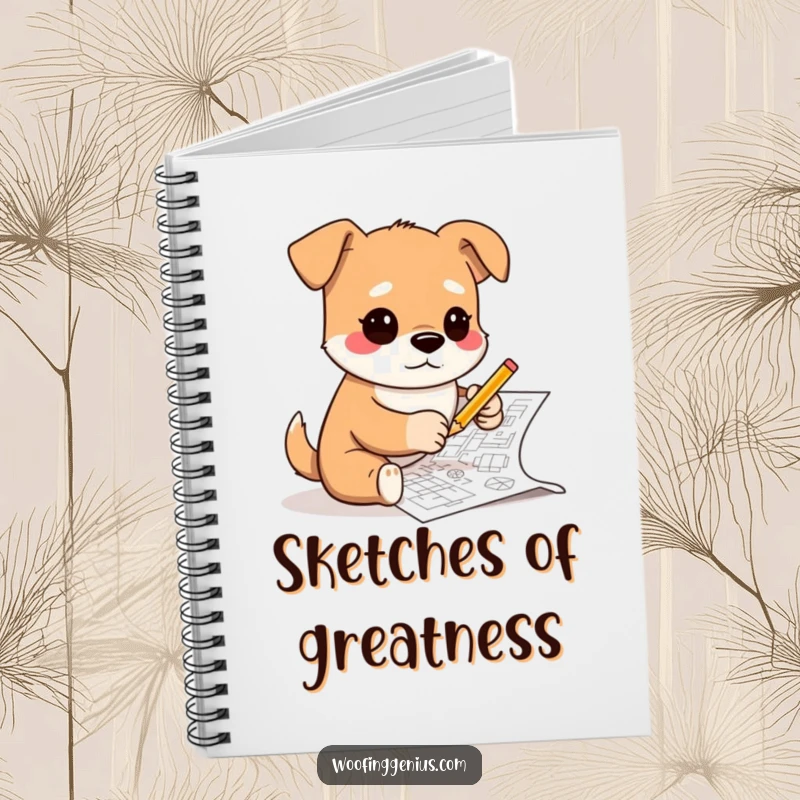 Funny notebook cover illustration of a dog wearing glasses and sketching complex blueprints with a tiny pencil, symbolizing creativity and design.