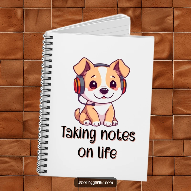 Funny notebook cover with a dog wearing headphones, intently listening to a lecture, designed for note-taking and learning.