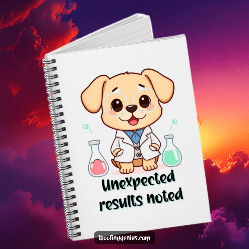Funny notebook cover illustration of a dog wearing a lab coat, looking surprised by an experiment, symbolizing scientific curiosity and discovery.