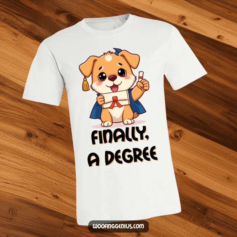 Funny dog graduate t-shirt featuring a triumphant dog wearing a graduation cap and holding a tiny diploma, exuding smart joy.