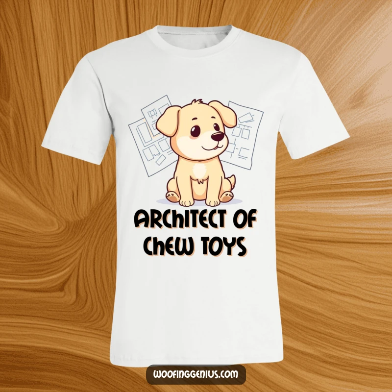 Funny t-shirt design of a dog looking thoughtfully at a table covered with detailed architectural blueprints and design plans.