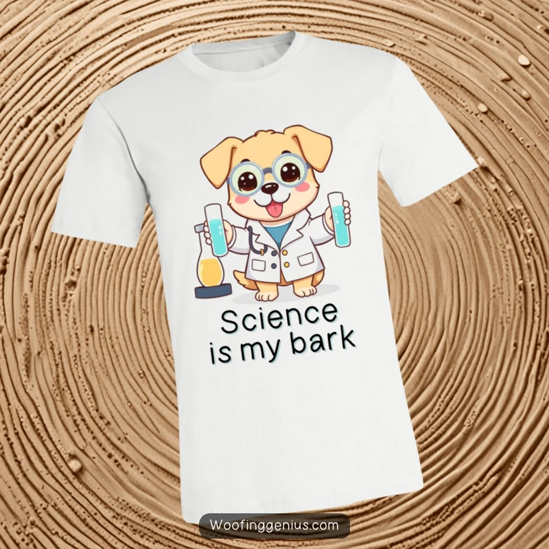 Funny t-shirt with a dog in a lab coat holding test tubes, a curious chemist.