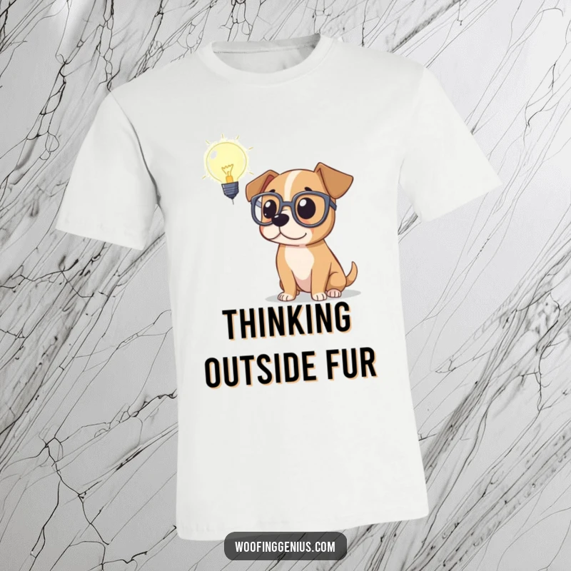 Funny T-shirt graphic of a studious dog wearing glasses, gazing thoughtfully at a glowing lightbulb, symbolizing a moment of brilliant inspiration.