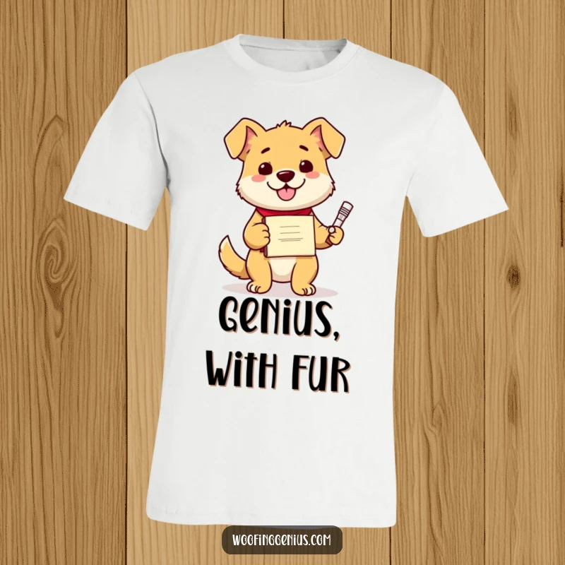 Funny proud dog wearing a graduation cap, diploma in mouth, proudly presenting a wacky invention, ideal for tech lovers.