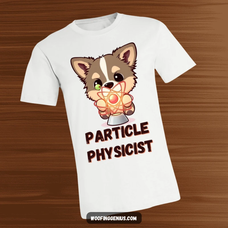 Funny t-shirt depicting a dog curiously observing a spinning model of an atom.
