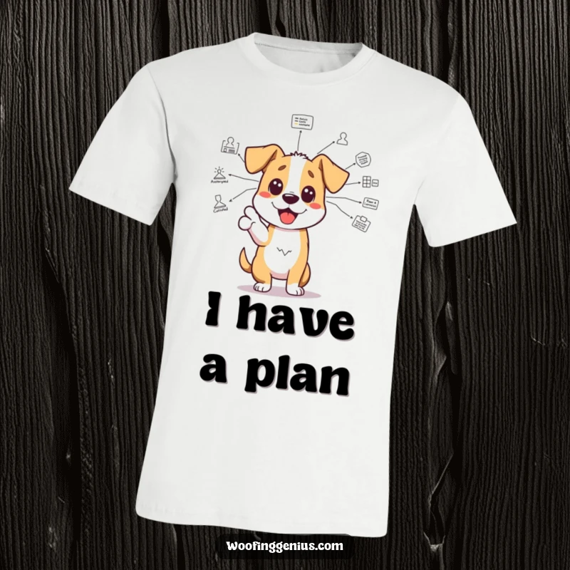 Funny genius dog t-shirt: an excited dog points with its paw to a complex diagram, symbolizing brilliant ideas and explanations.