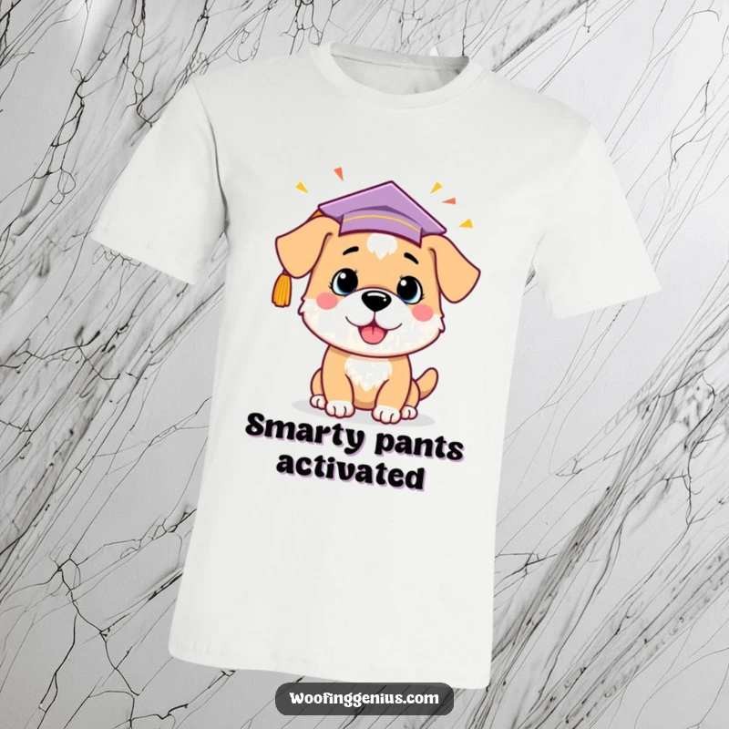 Funny dog in a graduation cap, with a lightbulb symbolizing an idea, printed on a t-shirt for smart celebrations.