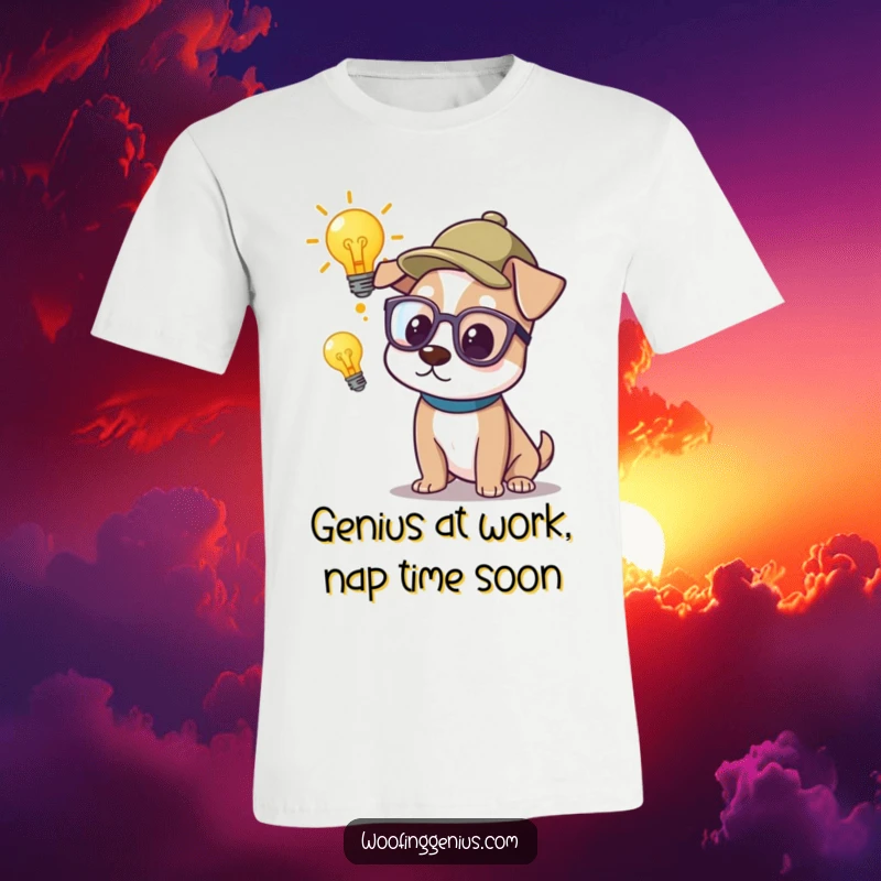 Funny T-Shirt: A dog in glasses and a thinking cap contemplates a glowing lightbulb, representing a moment of brilliant inspiration.