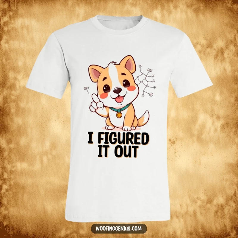 Funny dog smiling and pointing at a complex diagram on this t-shirt, showcasing clarity and humor.