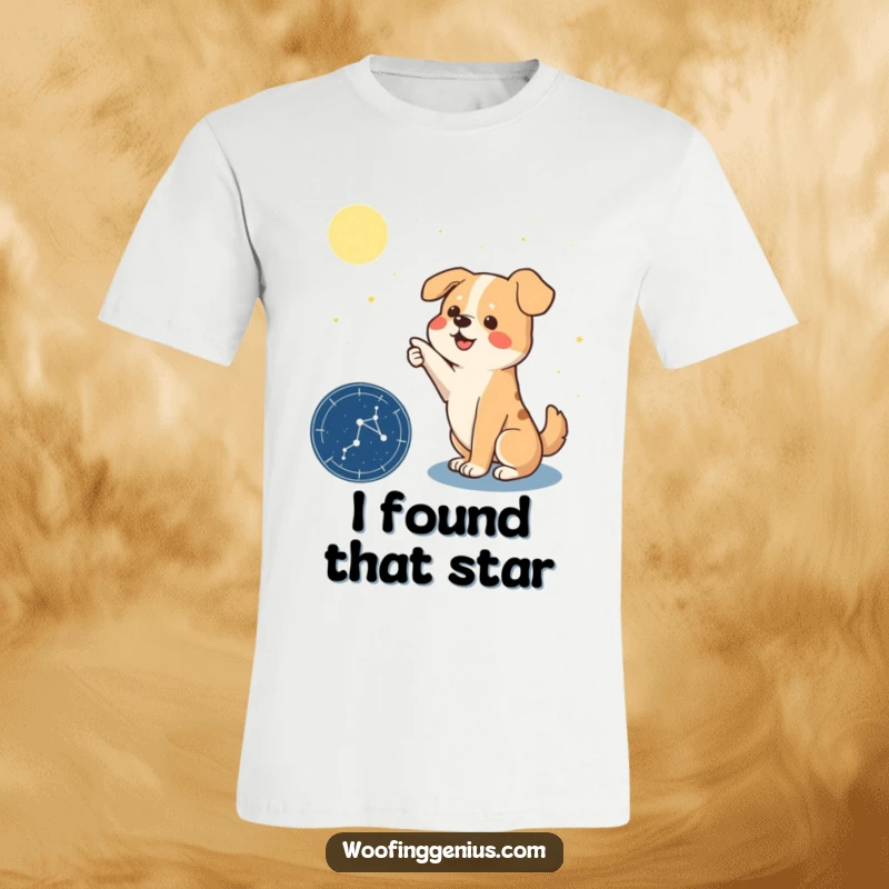 Funny t-shirt of a dramatic dog with a paw raised, pointing precisely at a specific constellation on a cosmic star chart.