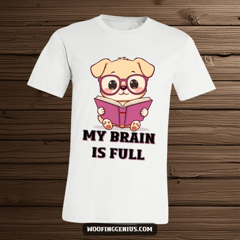 Funny Kawaii dog with oversized glasses reading a book, showcasing a humorous and intelligent design perfect for bookworms and dog lovers.