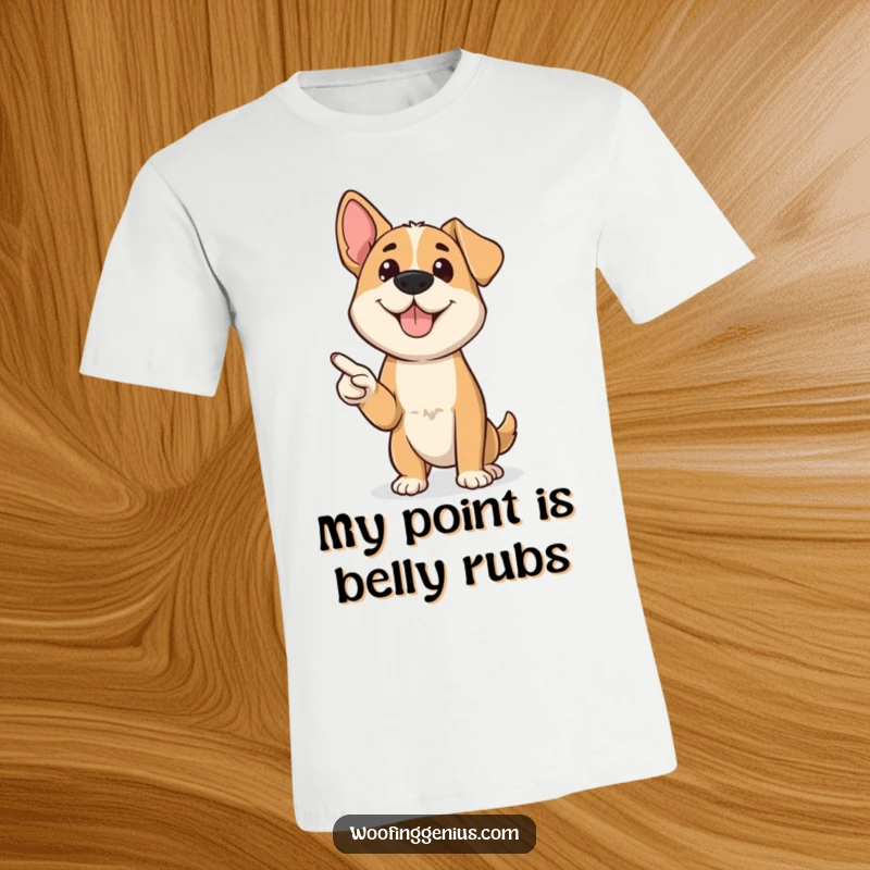 Funny dog holding a tiny pointer, confidently addressing an audience, a humorous and authoritative t-shirt.