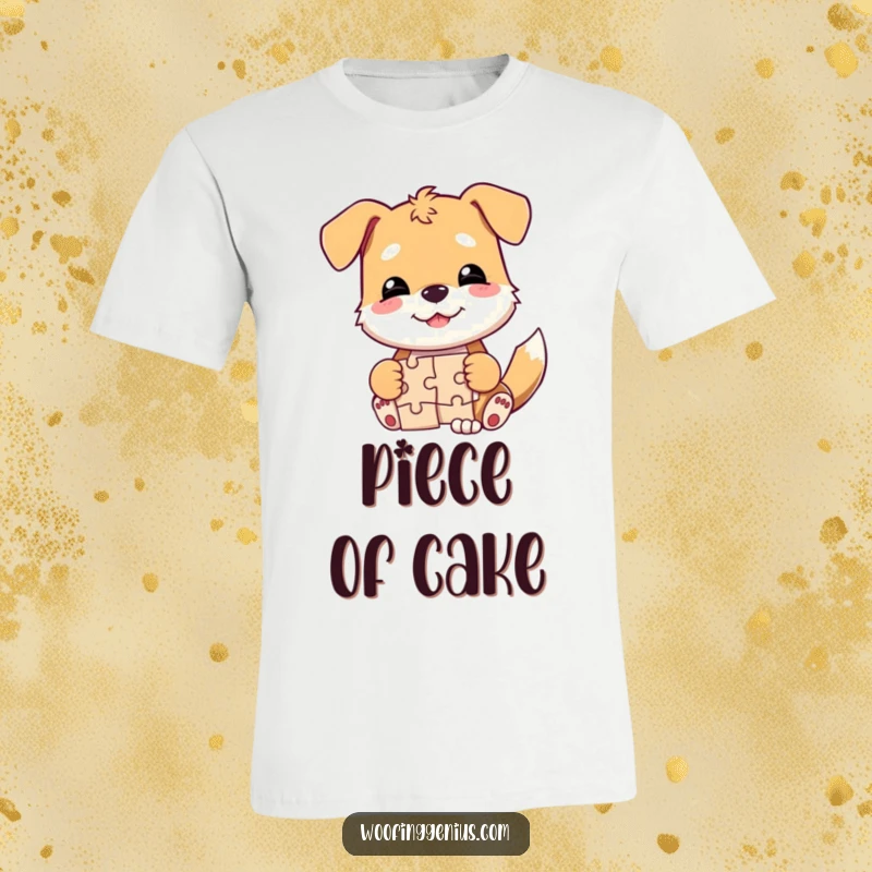 Funny dog t-shirt with a smirking dog, wagging tail, and a completed jigsaw puzzle piece, exuding triumph.