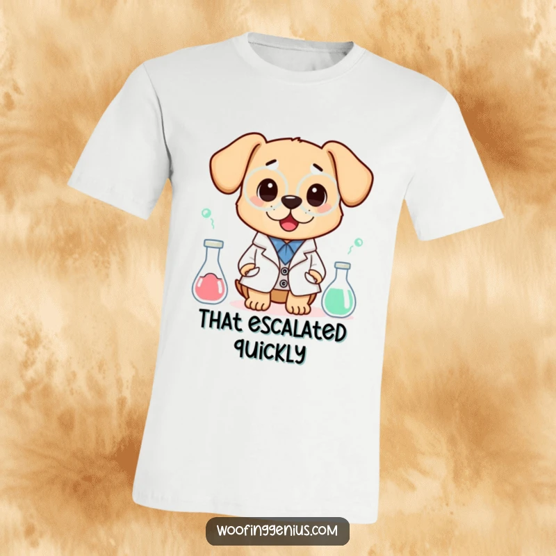 Funny t-shirt of a dog wearing a lab coat, looking shocked by a bizarre experiment, conveying surprise and scientific mishap humor.