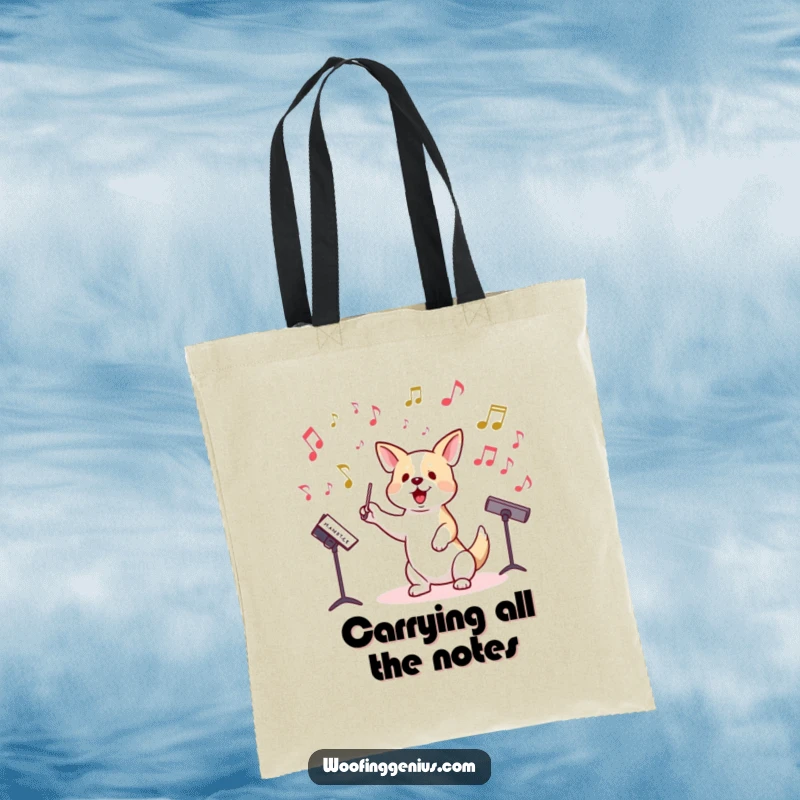 Funny tote bag featuring a dog conducting an orchestra of musical notes, ready for errands.