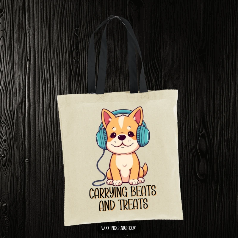 Funny dog with headphones, enjoying music, on a stylish tote bag, perfect for shopping.
