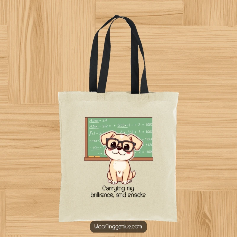Funny genius dog with big glasses, surrounded by chalk equations on a board, a uniquely smart and humorous tote bag.