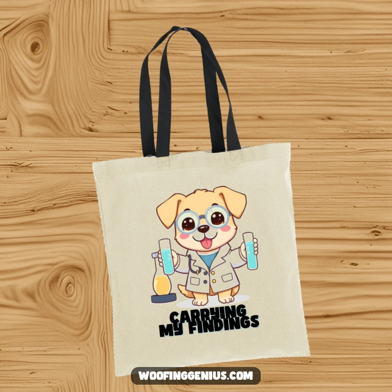 Funny tote bag featuring a dog in a lab coat holding test tubes, ready for science.