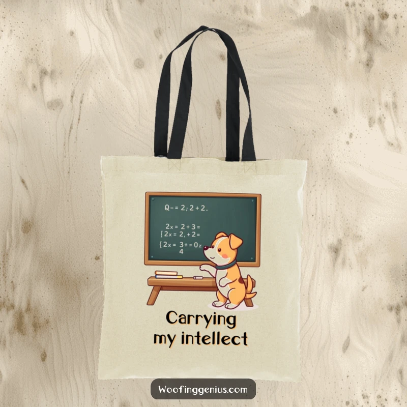 Funny tote bag with a smart dog pointing at a complicated math equation on a chalkboard, symbolizing intelligence.
