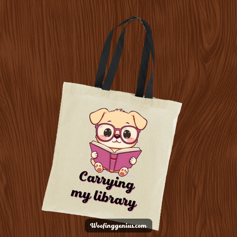 Funny Kawaii dog wearing glasses, reading a book, durable tote bag for carrying essentials with a humorous, scholarly canine design.