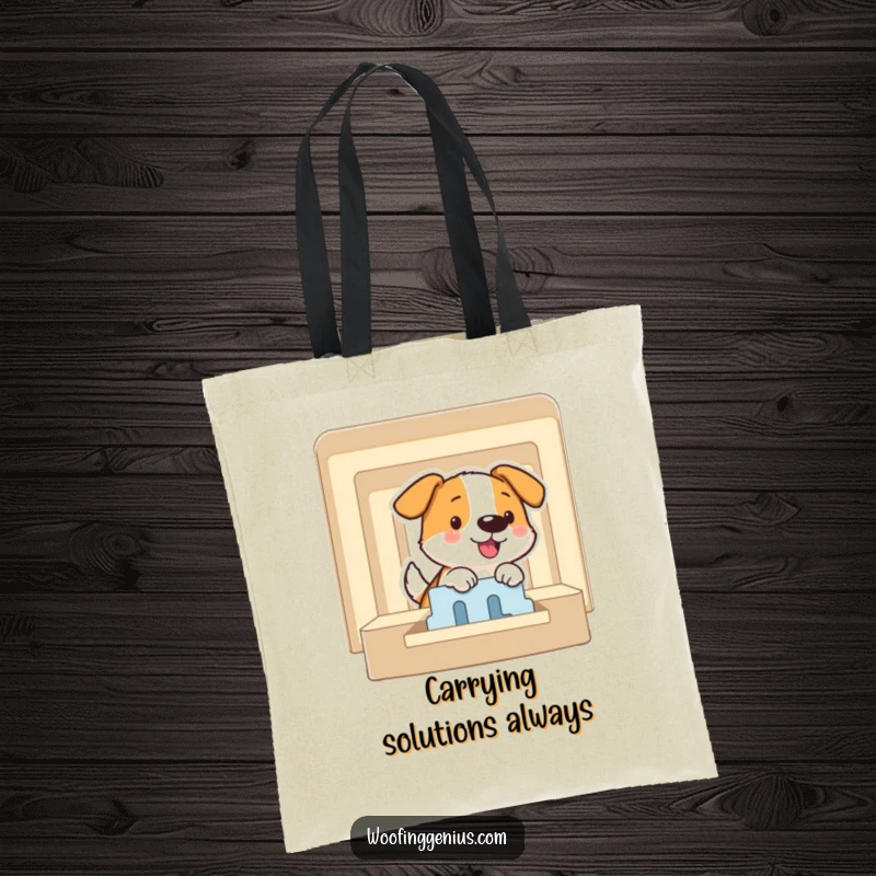 Funny tote bag featuring a dog smiling as it expertly solves a puzzle maze, representing intelligence and strategic accomplishment.