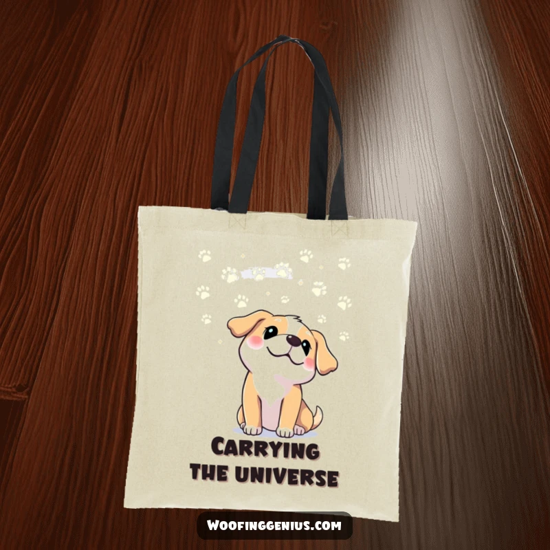 Funny dog looking at paw print constellations in the sky, depicted on a tote bag for carrying essentials with humor. Funny gift tote.