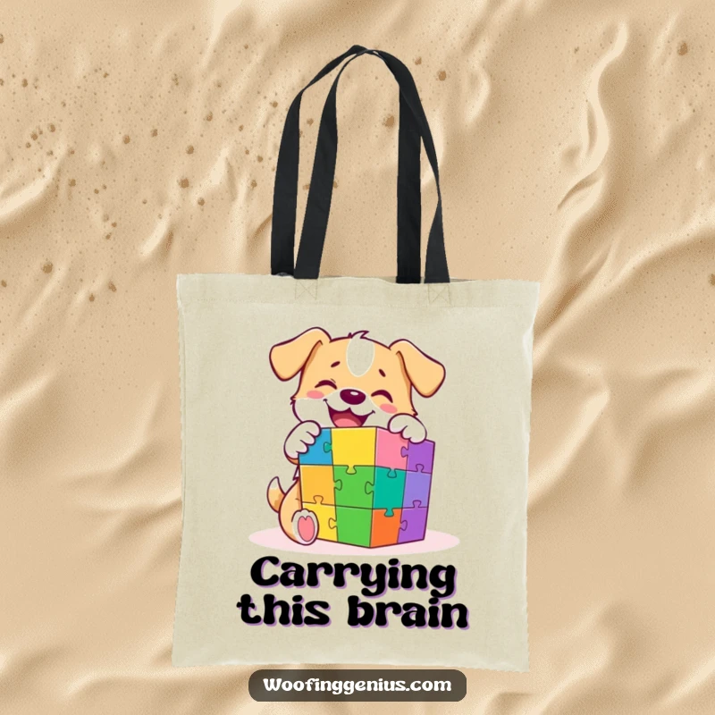 Funny tote bag featuring a cute dog intently solving a vibrant and complex puzzle cube, symbolizing intelligence and fun.