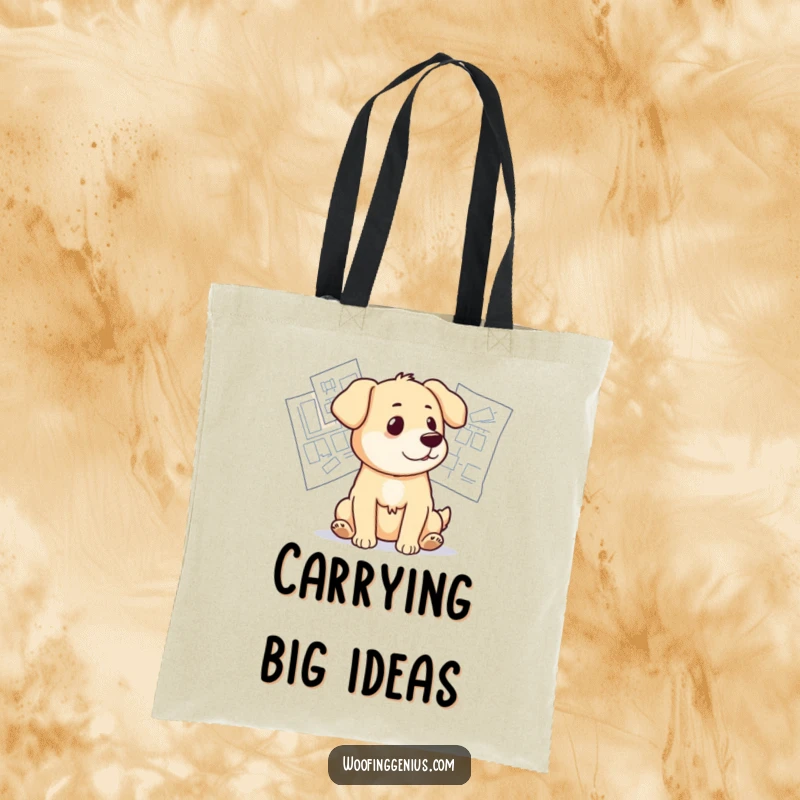 Funny tote bag with a dog looking pensively at a spread of architectural blueprints, contemplating design details.