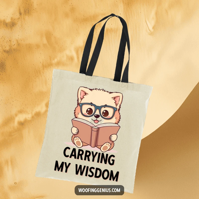 Funny tote bag with a fluffy dog wearing large glasses, focused on studying a big book.